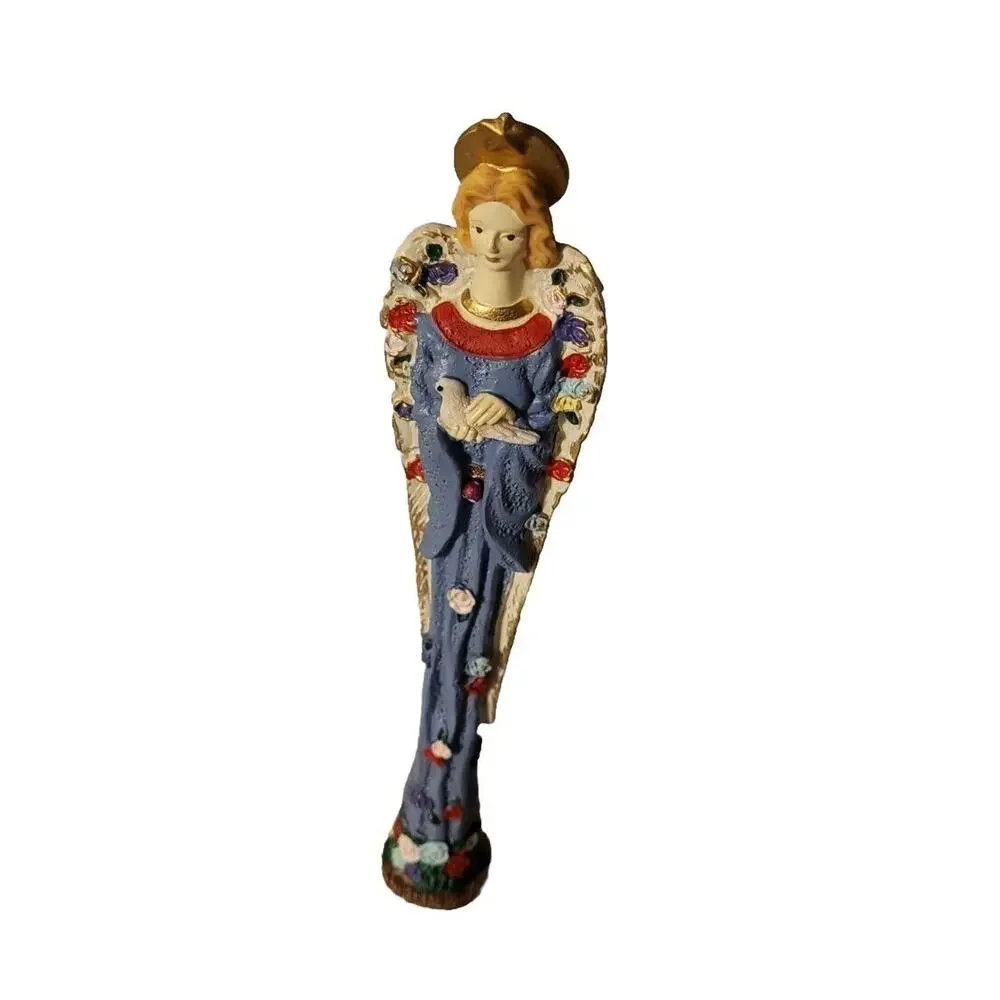 Vintage Pencil Angel Figurine Dove Blue Flower Decor Resin Rose Garden